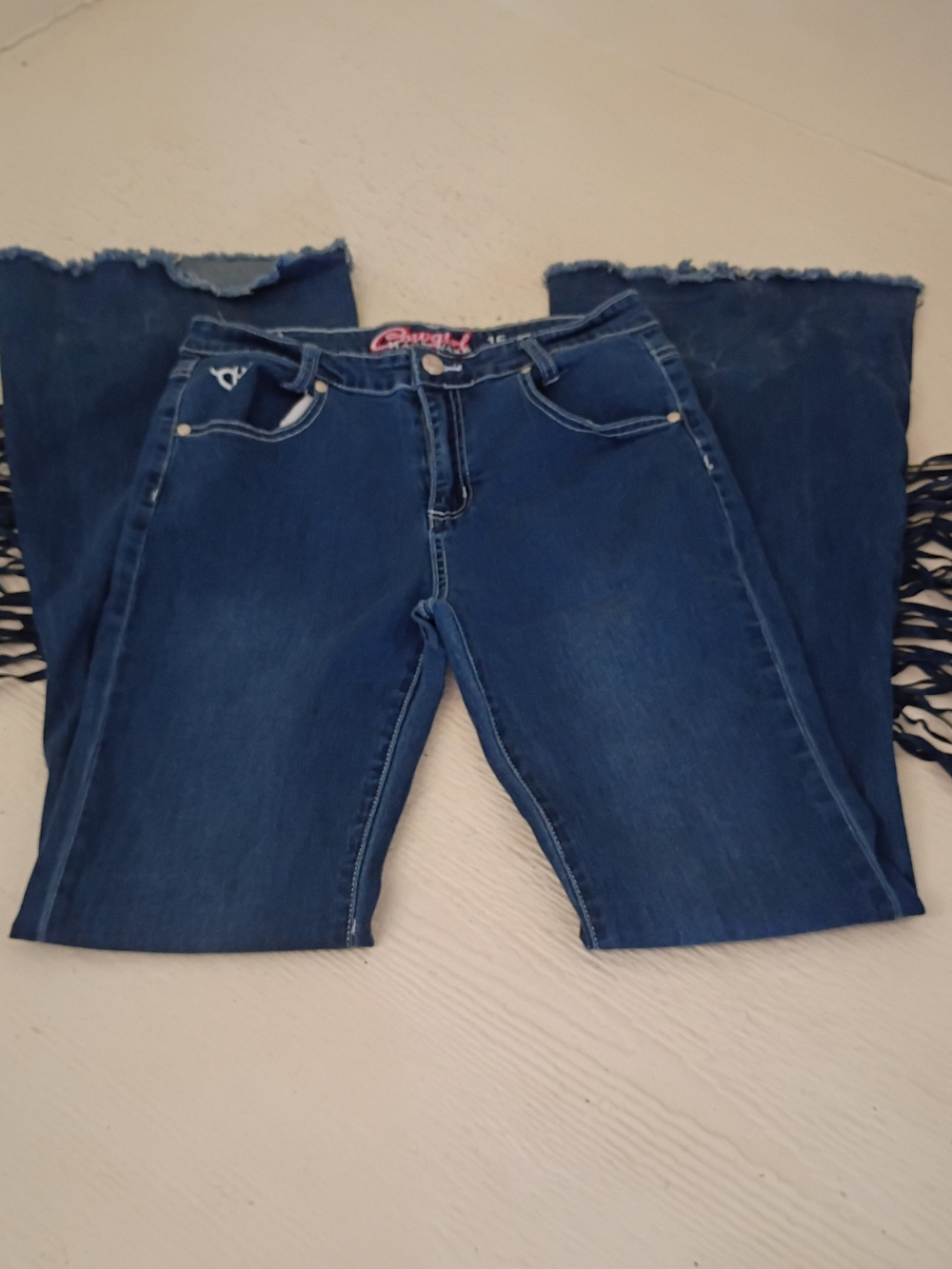 Girls Dark Blue Denim Flare Jeans with Fringe On Sides And Frayed Hem